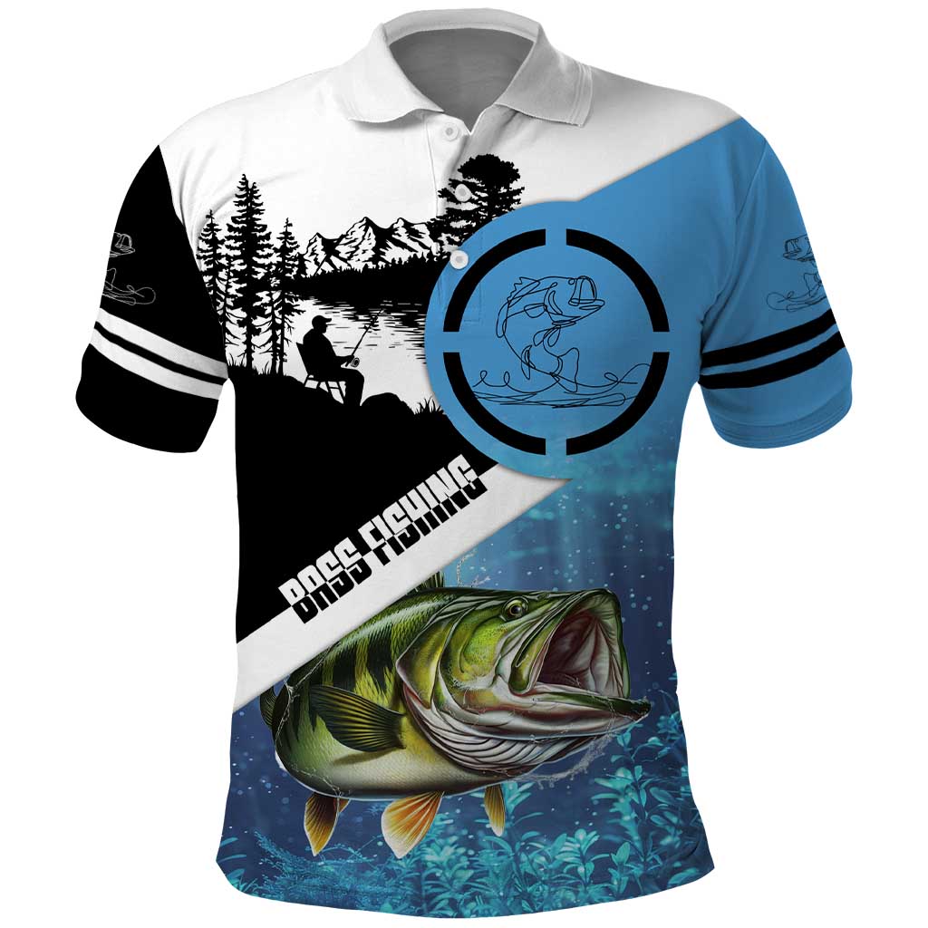 Largemouth Bass Fishing Underwater Graphic Polo Shirt Mountain Silhouette and Custom Name Design - Wonder Print Shop