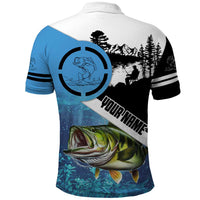 Largemouth Bass Fishing Underwater Graphic Polo Shirt Mountain Silhouette and Custom Name Design - Wonder Print Shop