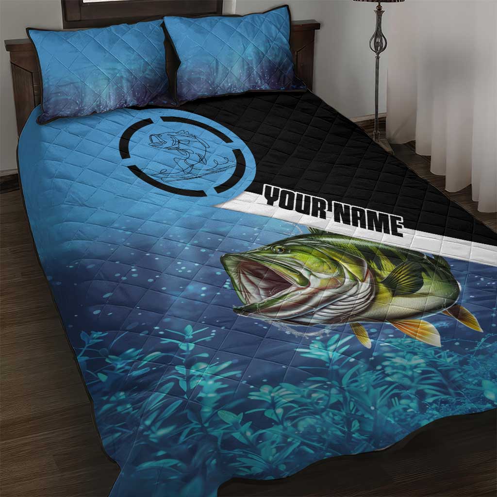 Largemouth Bass Fishing Underwater Graphic Quilt Bed Set Mountain Silhouette and Custom Name Design - Wonder Print Shop