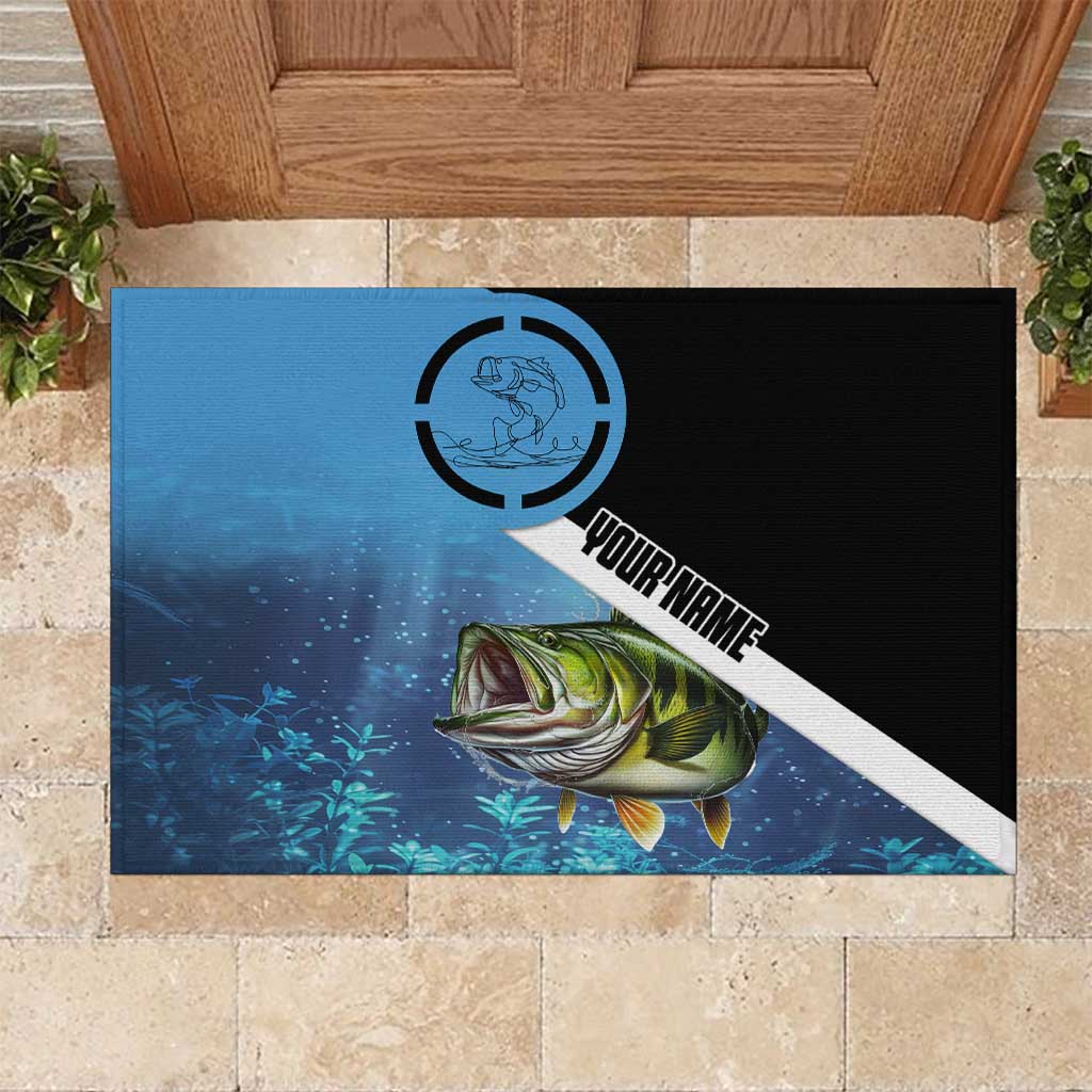 Largemouth Bass Fishing Underwater Graphic Rubber Doormat Mountain Silhouette and Custom Name Design - Wonder Print Shop