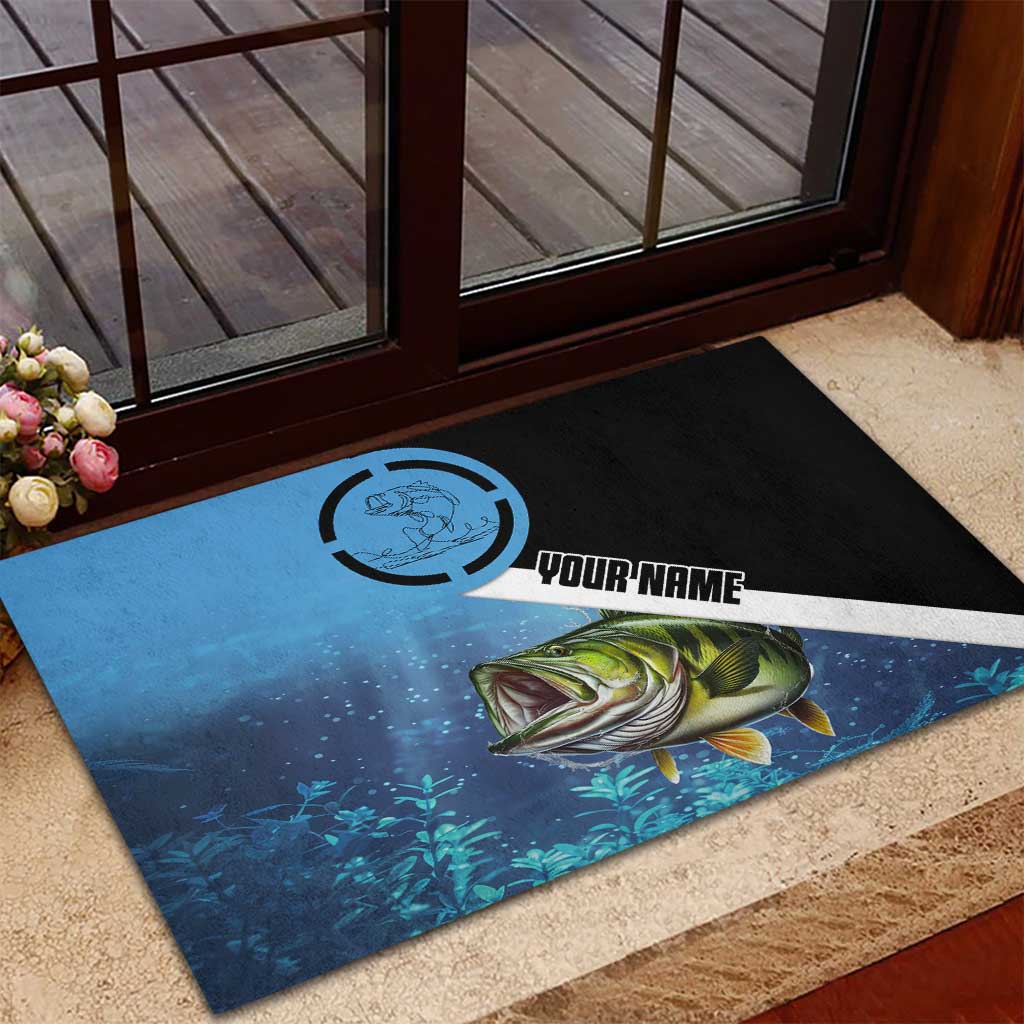 Largemouth Bass Fishing Underwater Graphic Rubber Doormat Mountain Silhouette and Custom Name Design - Wonder Print Shop
