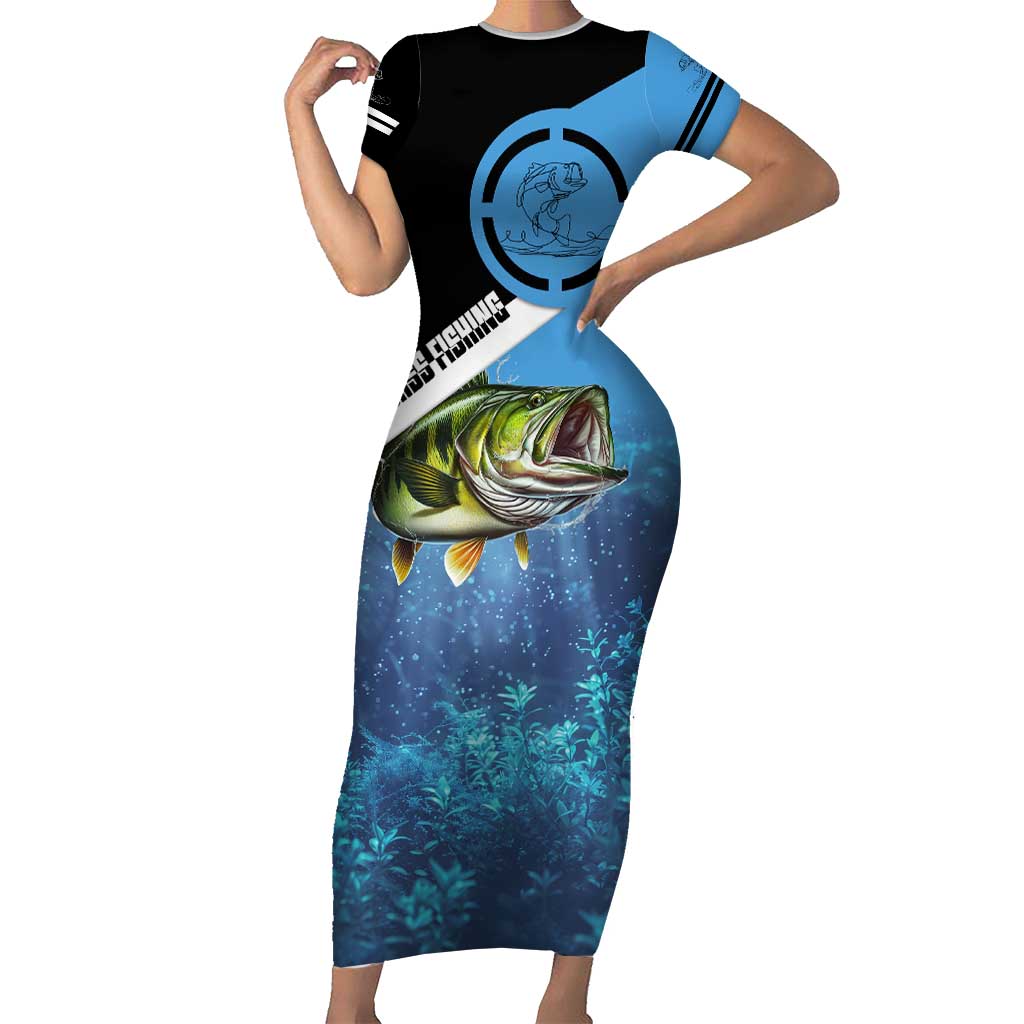 Largemouth Bass Fishing Underwater Graphic Short Sleeve Bodycon Dress Mountain Silhouette and Custom Name Design - Wonder Print Shop