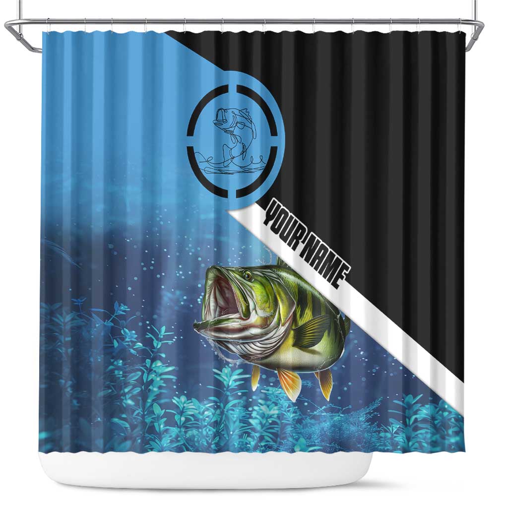 Largemouth Bass Fishing Underwater Graphic Shower Curtain Mountain Silhouette and Custom Name Design - Wonder Print Shop