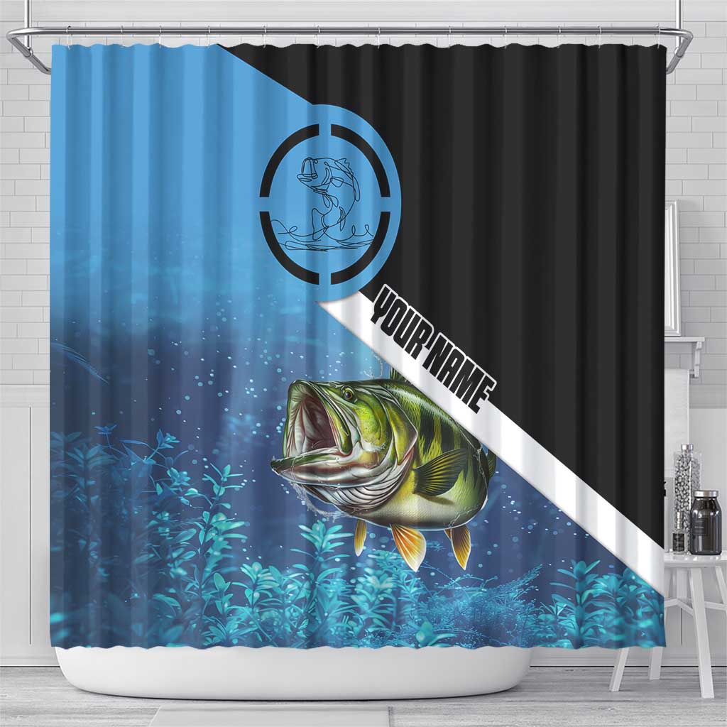 Largemouth Bass Fishing Underwater Graphic Shower Curtain Mountain Silhouette and Custom Name Design - Wonder Print Shop