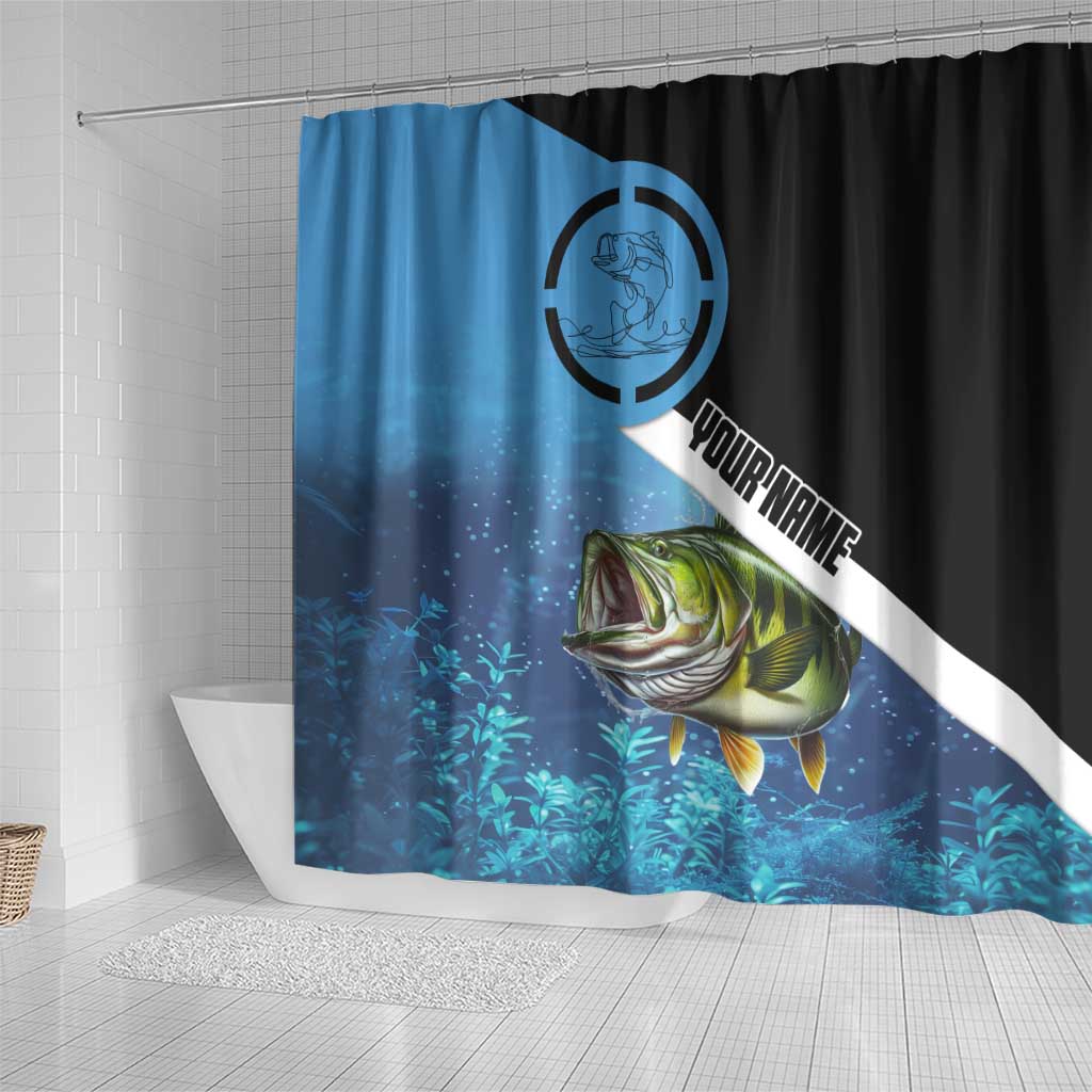 Largemouth Bass Fishing Underwater Graphic Shower Curtain Mountain Silhouette and Custom Name Design - Wonder Print Shop
