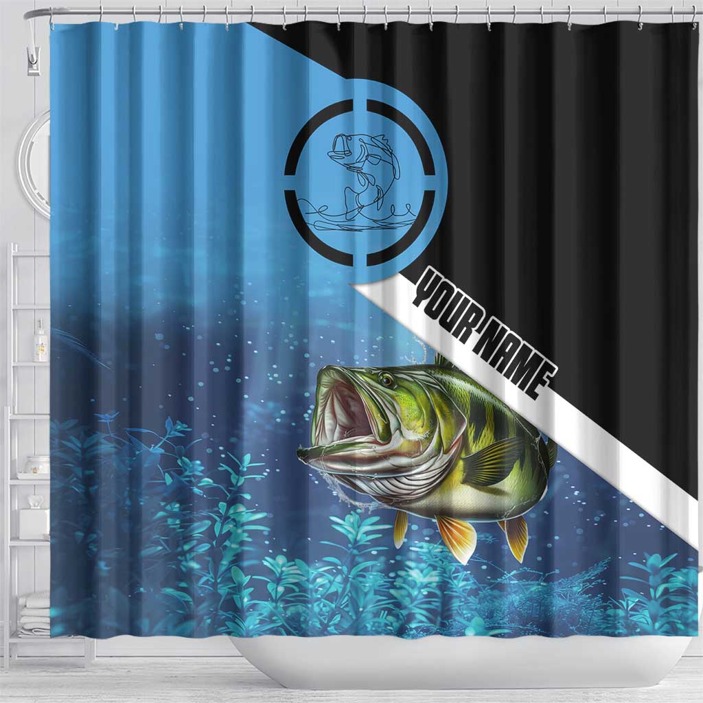 Largemouth Bass Fishing Underwater Graphic Shower Curtain Mountain Silhouette and Custom Name Design - Wonder Print Shop