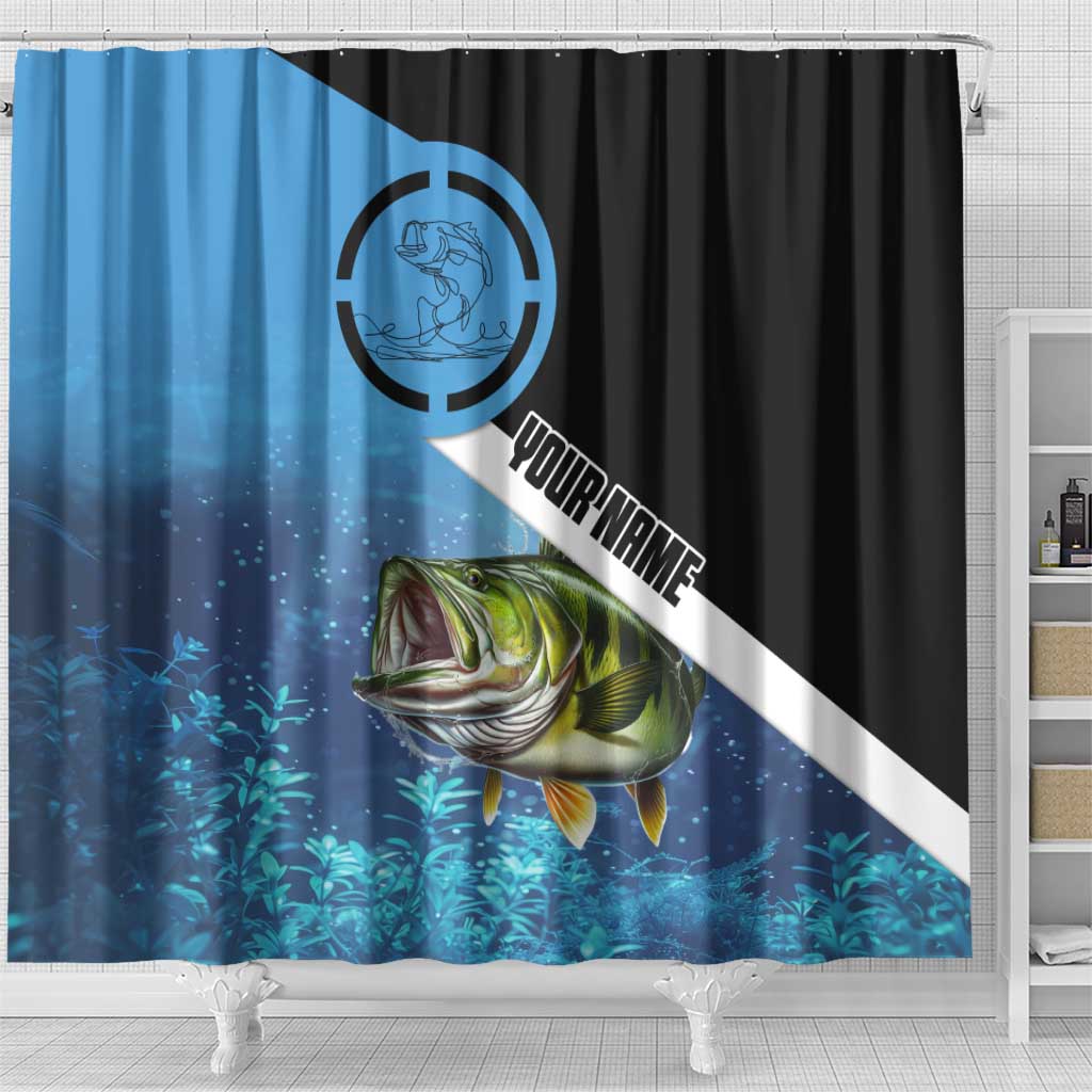 Largemouth Bass Fishing Underwater Graphic Shower Curtain Mountain Silhouette and Custom Name Design - Wonder Print Shop