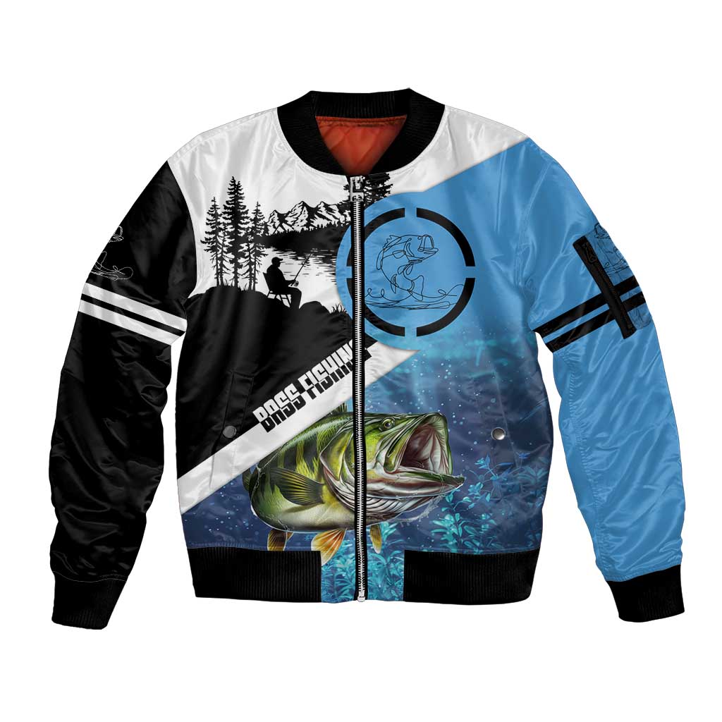Largemouth Bass Fishing Underwater Graphic Sleeve Zip Bomber Jacket Mountain Silhouette and Custom Name Design - Wonder Print Shop