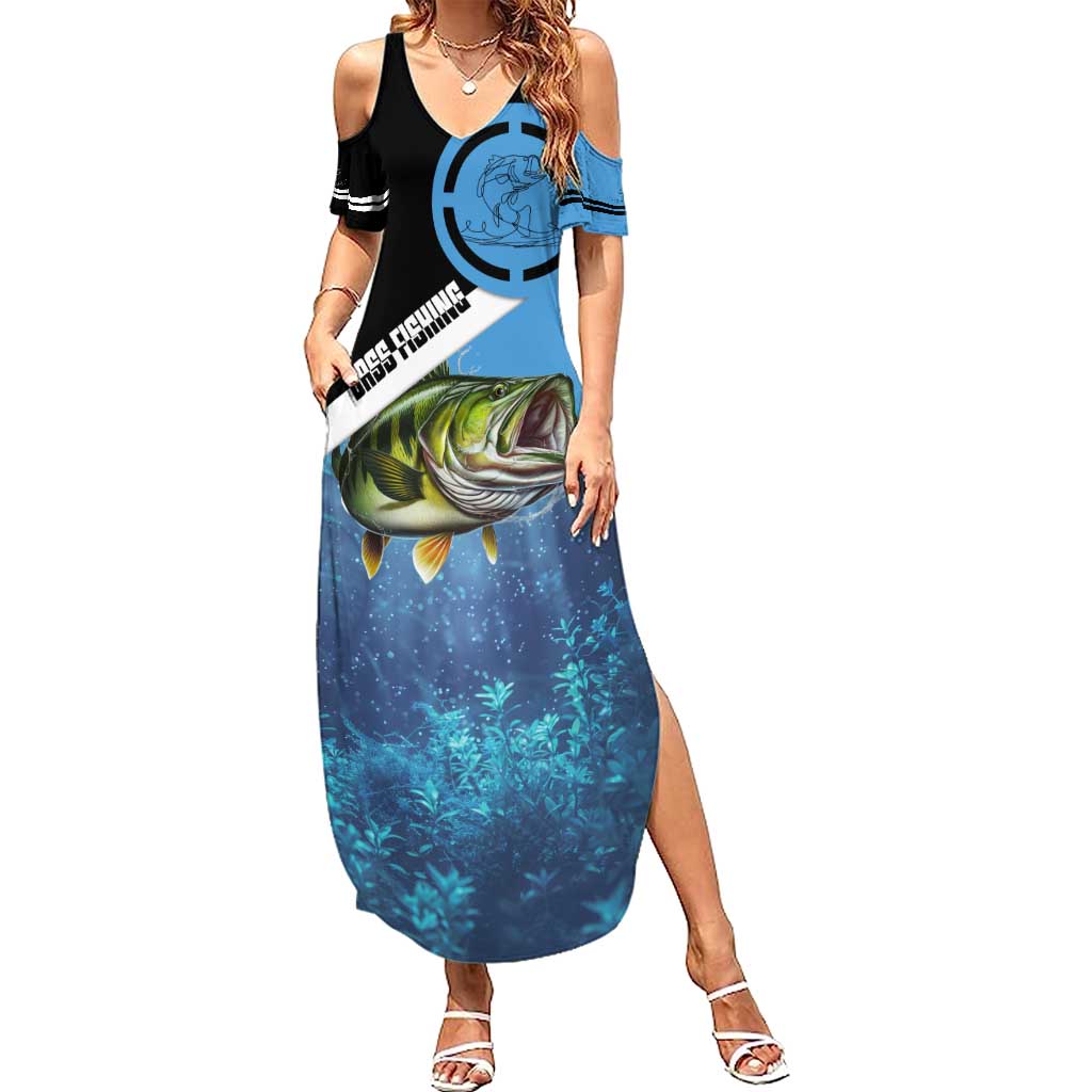 Largemouth Bass Fishing Underwater Graphic Summer Maxi Dress Mountain Silhouette and Custom Name Design - Wonder Print Shop