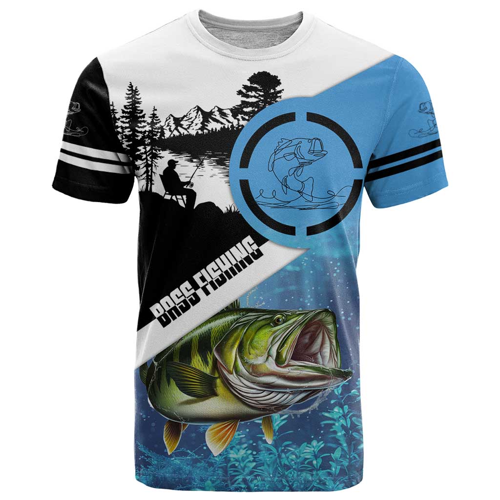 Largemouth Bass Fishing Underwater Graphic T Shirt Mountain Silhouette and Custom Name Design - Wonder Print Shop