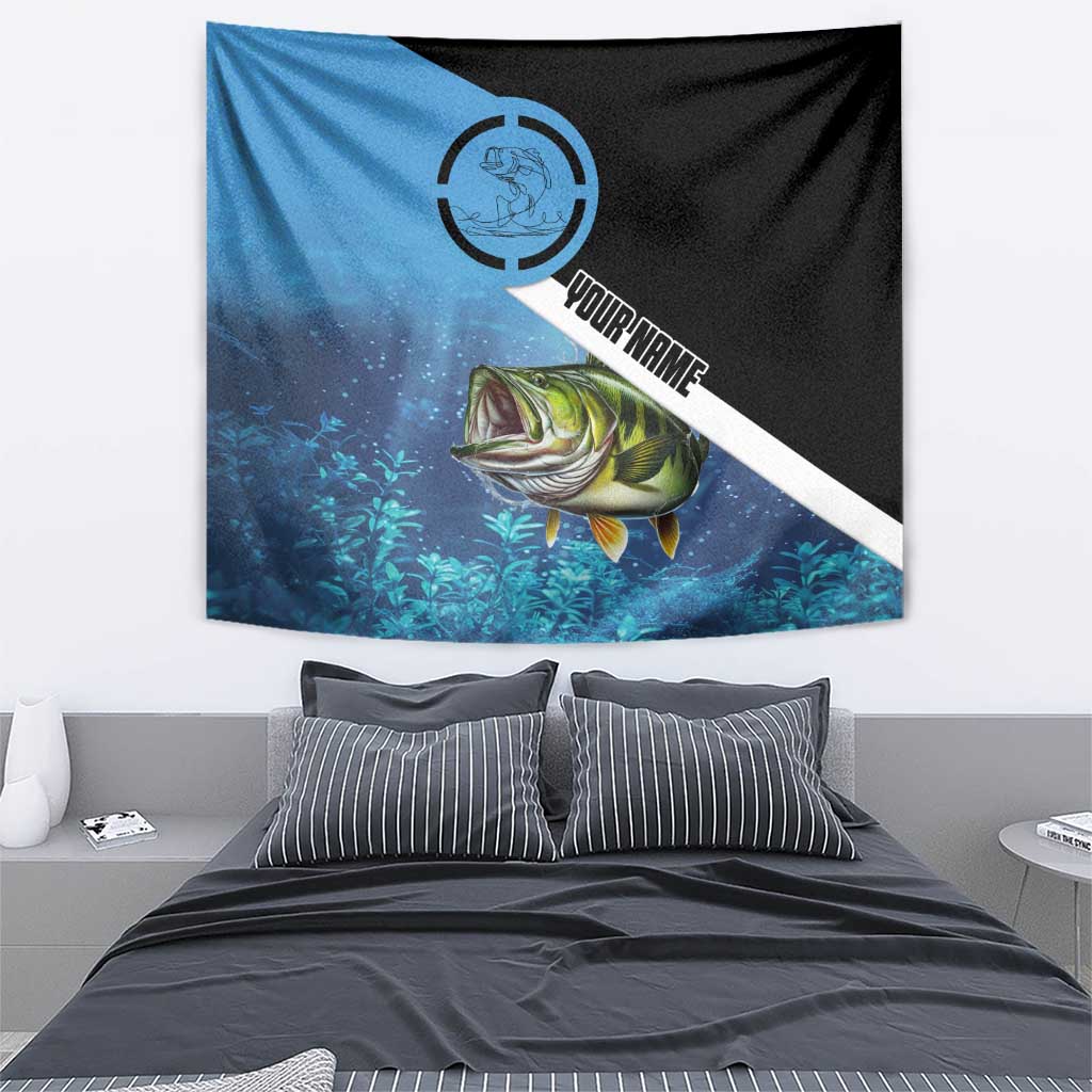 Largemouth Bass Fishing Underwater Graphic Tapestry Mountain Silhouette and Custom Name Design - Wonder Print Shop
