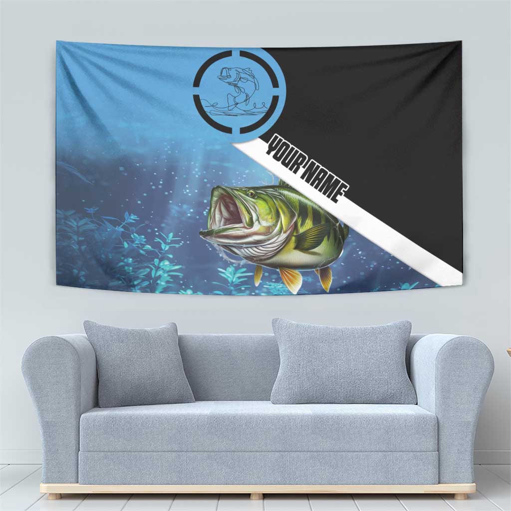 Largemouth Bass Fishing Underwater Graphic Tapestry Mountain Silhouette and Custom Name Design - Wonder Print Shop