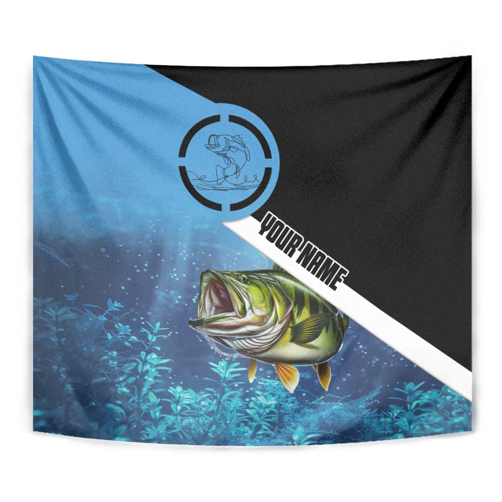 Largemouth Bass Fishing Underwater Graphic Tapestry Mountain Silhouette and Custom Name Design - Wonder Print Shop