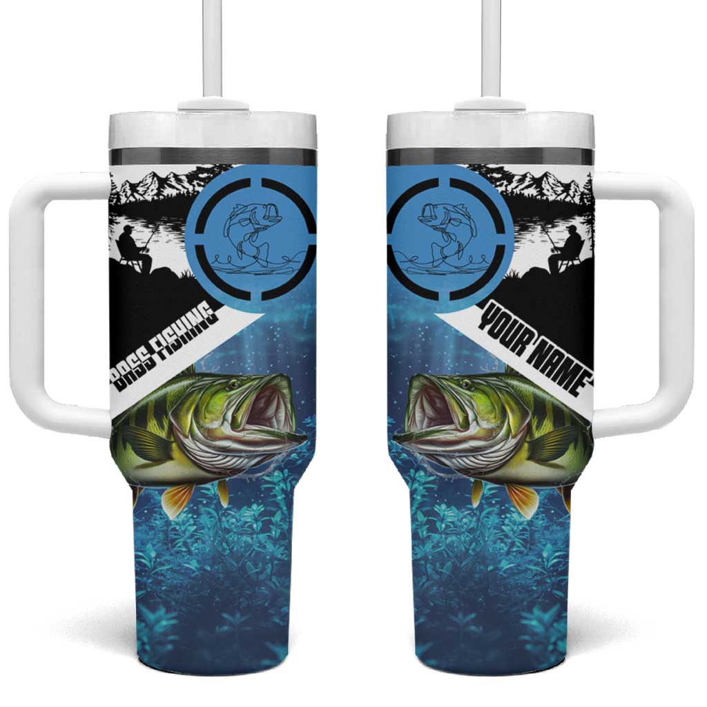 Largemouth Bass Fishing Underwater Graphic Tumbler With Handle Mountain Silhouette and Custom Name Design - Wonder Print Shop