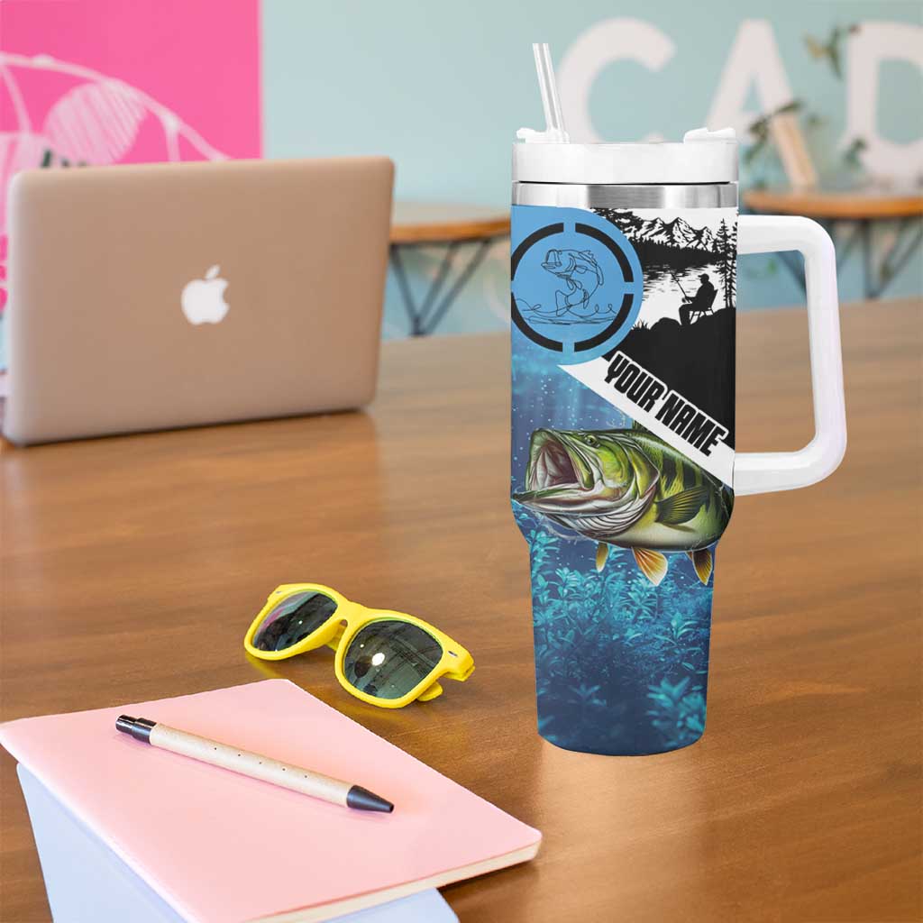 Largemouth Bass Fishing Underwater Graphic Tumbler With Handle Mountain Silhouette and Custom Name Design - Wonder Print Shop