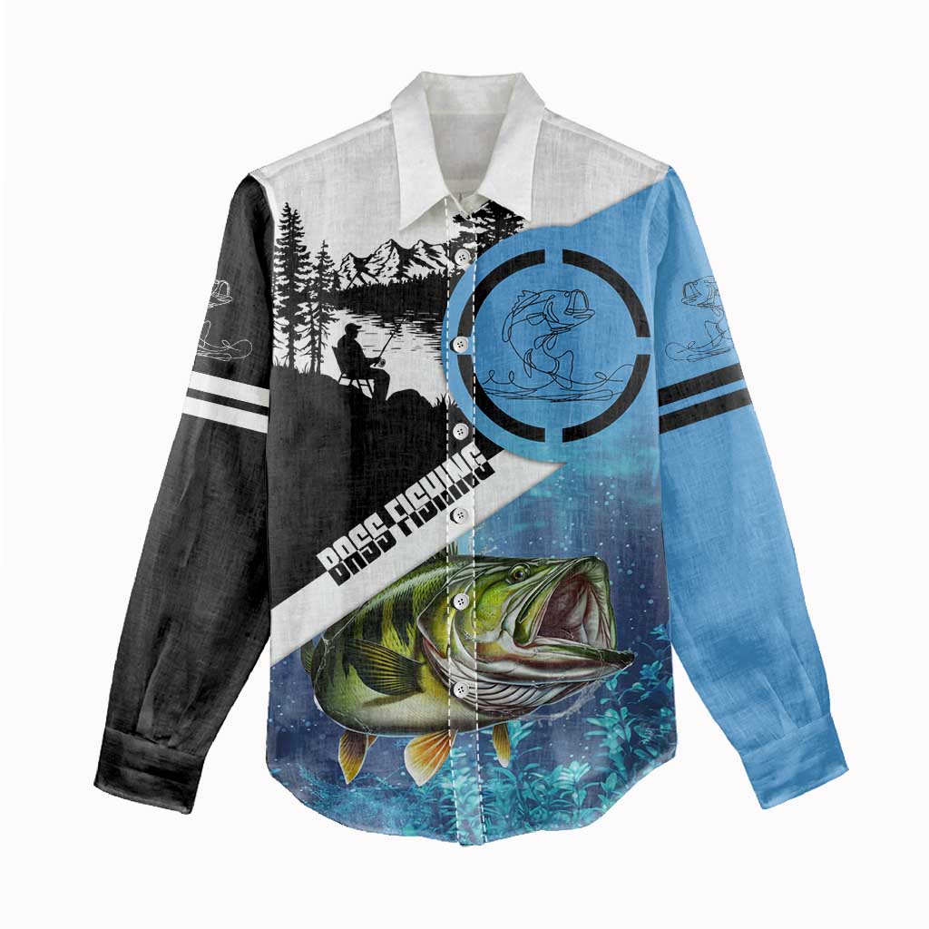 Largemouth Bass Fishing Underwater Graphic Women Casual Shirt Mountain Silhouette and Custom Name Design - Wonder Print Shop