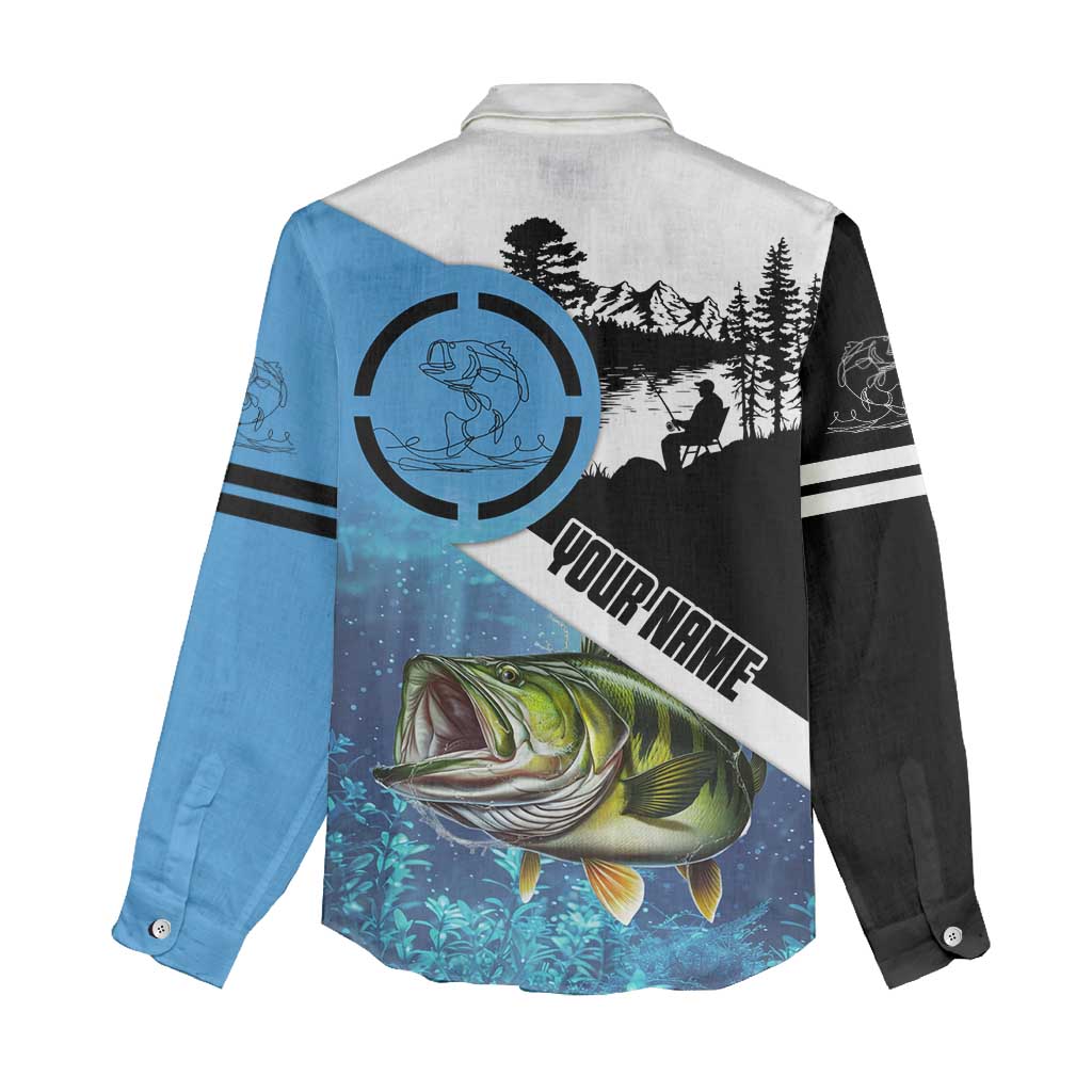 Largemouth Bass Fishing Underwater Graphic Women Casual Shirt Mountain Silhouette and Custom Name Design - Wonder Print Shop