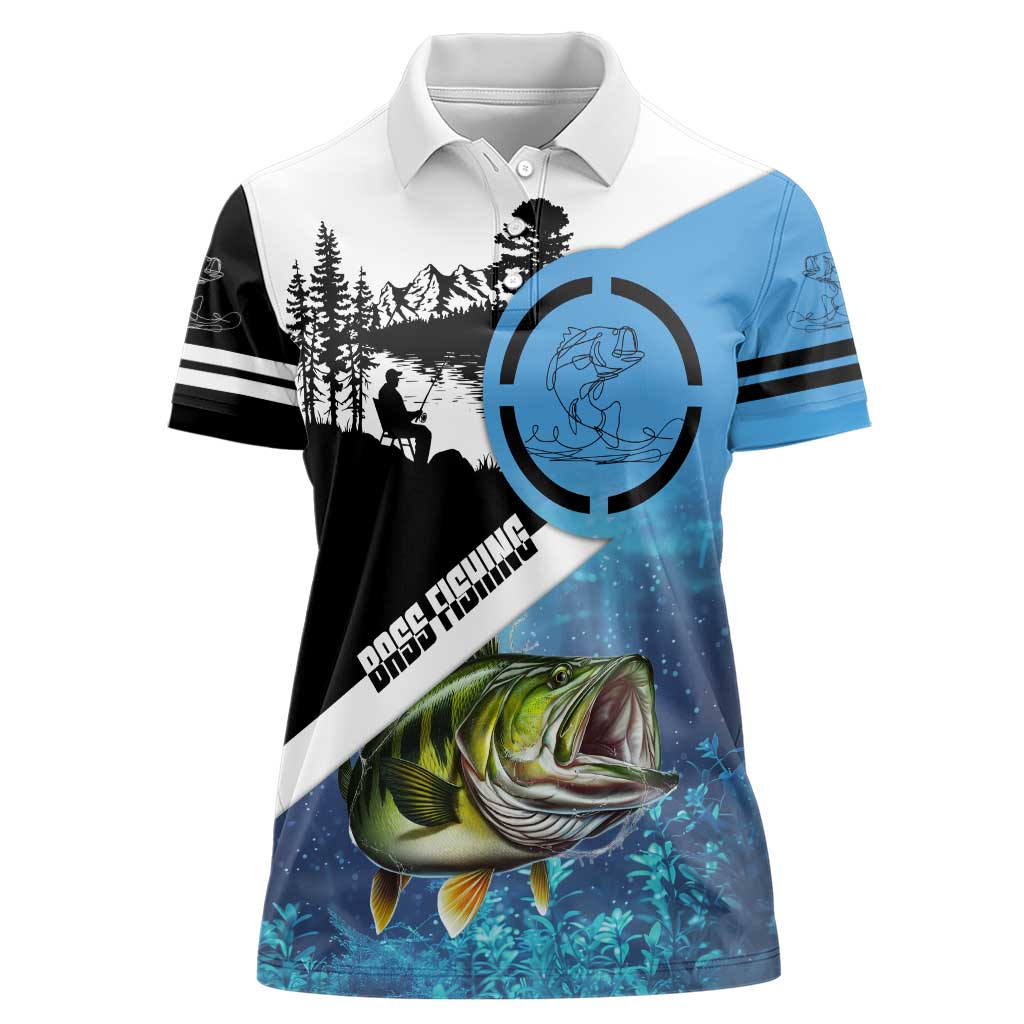Largemouth Bass Fishing Underwater Graphic Women Polo Shirt Mountain Silhouette and Custom Name Design - Wonder Print Shop
