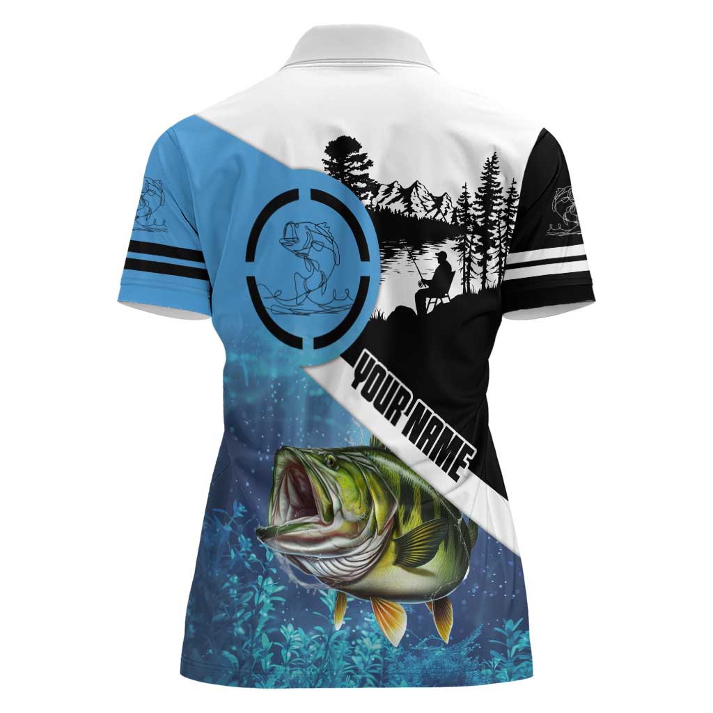 Largemouth Bass Fishing Underwater Graphic Women Polo Shirt Mountain Silhouette and Custom Name Design - Wonder Print Shop