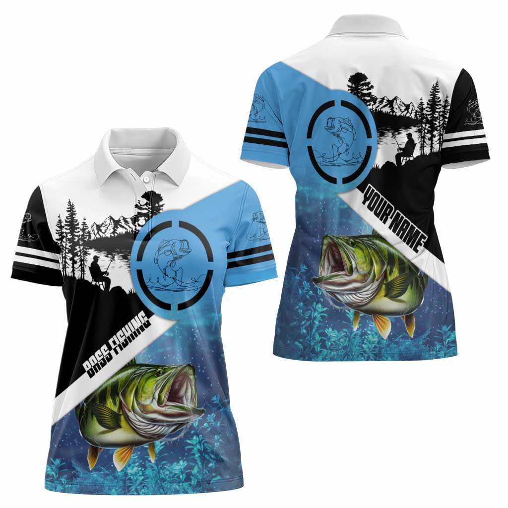 Largemouth Bass Fishing Underwater Graphic Women Polo Shirt Mountain Silhouette and Custom Name Design - Wonder Print Shop