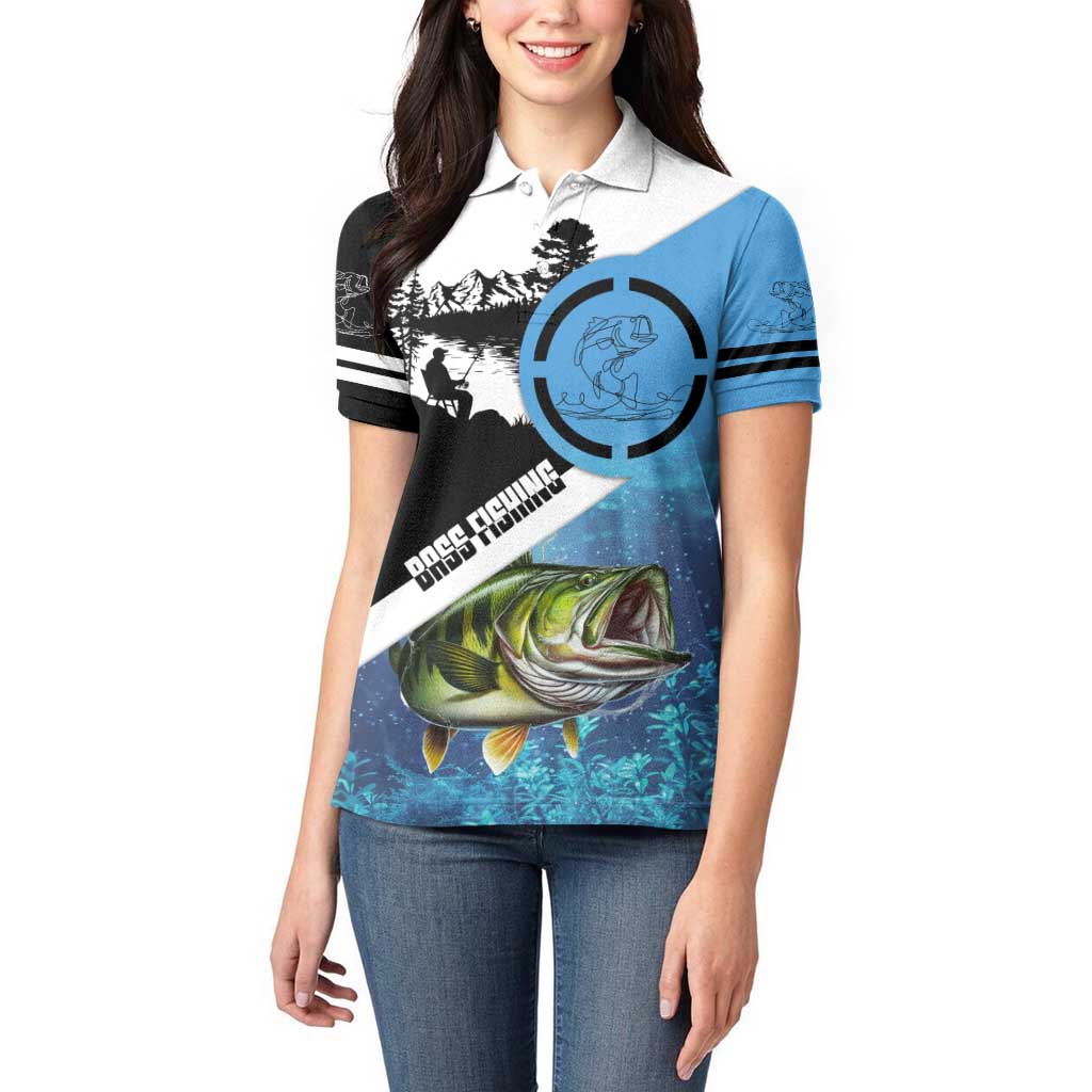 Largemouth Bass Fishing Underwater Graphic Women Polo Shirt Mountain Silhouette and Custom Name Design - Wonder Print Shop