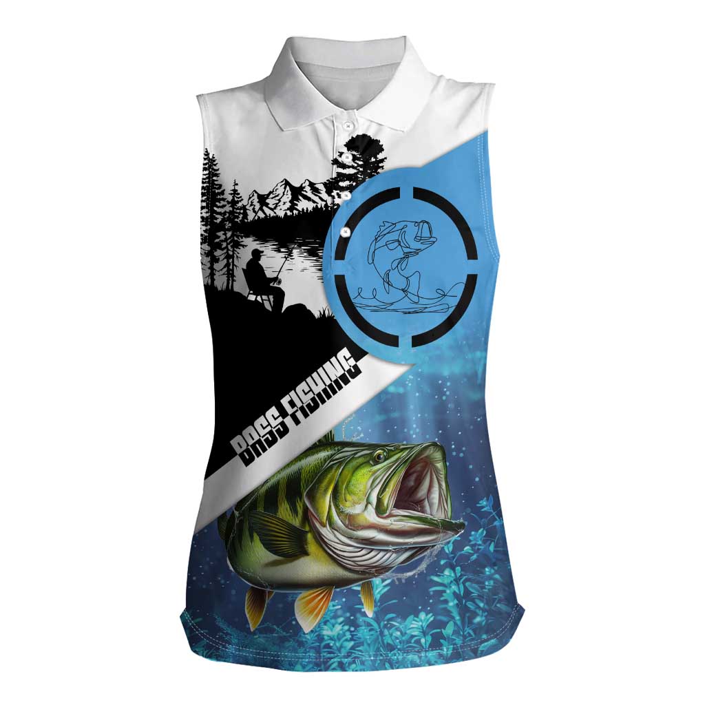 Largemouth Bass Fishing Underwater Graphic Women Sleeveless Polo Shirt Mountain Silhouette and Custom Name Design - Wonder Print Shop