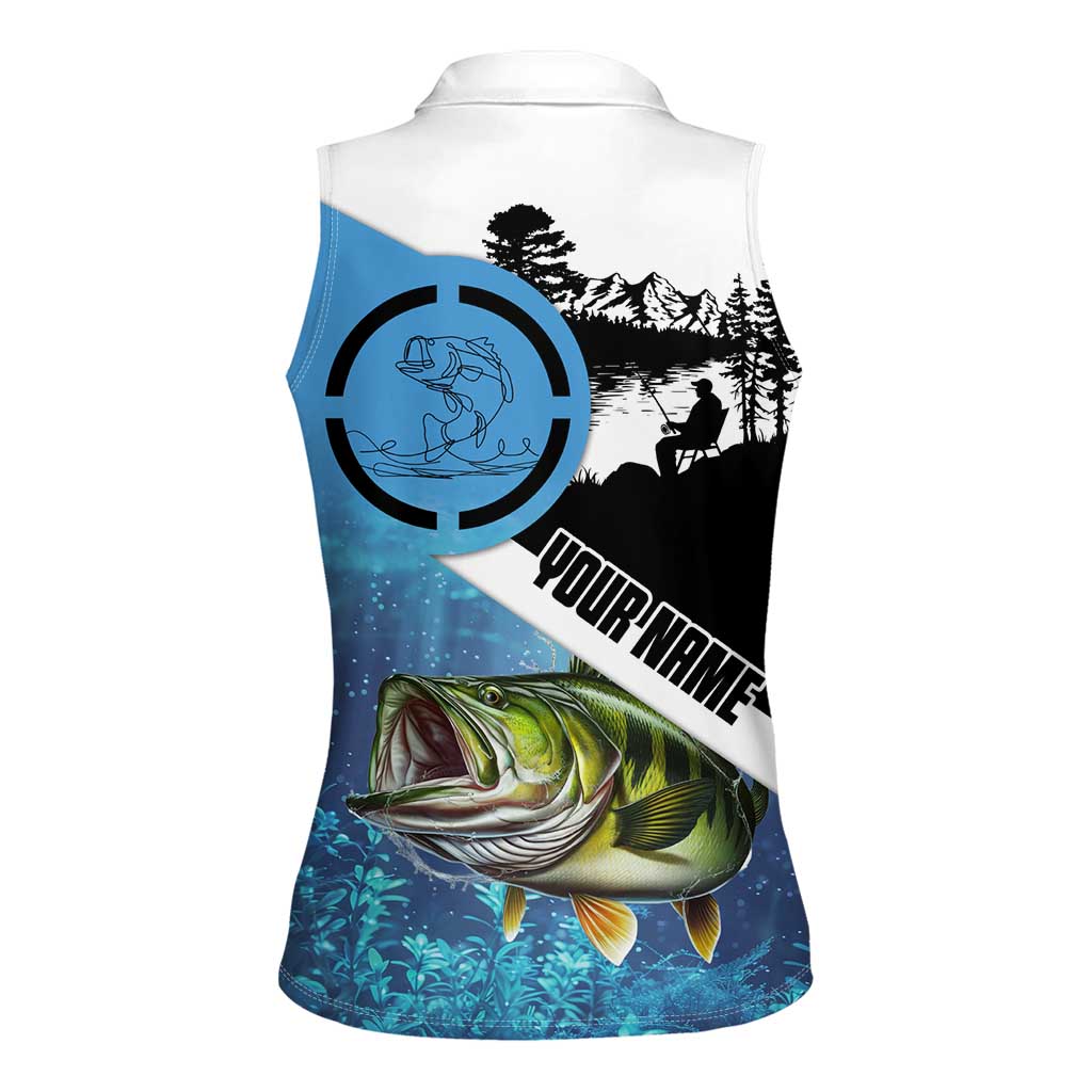 Largemouth Bass Fishing Underwater Graphic Women Sleeveless Polo Shirt Mountain Silhouette and Custom Name Design - Wonder Print Shop