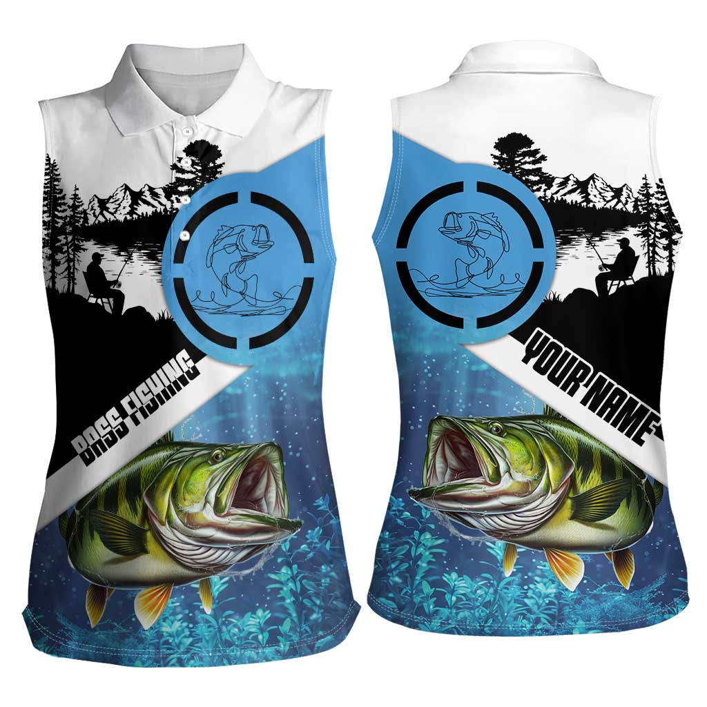 Largemouth Bass Fishing Underwater Graphic Women Sleeveless Polo Shirt Mountain Silhouette and Custom Name Design - Wonder Print Shop