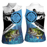 Largemouth Bass Fishing Underwater Graphic Women Sleeveless Polo Shirt Mountain Silhouette and Custom Name Design - Wonder Print Shop