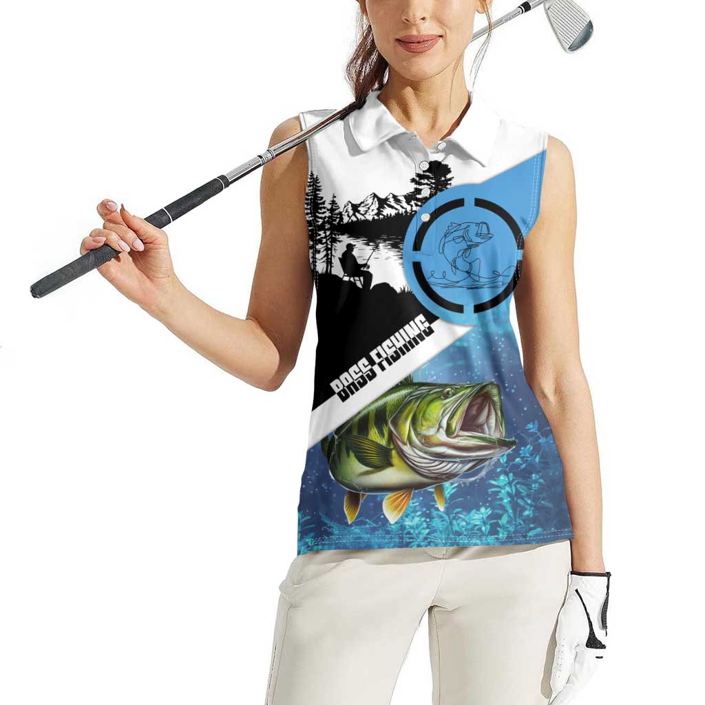 Largemouth Bass Fishing Underwater Graphic Women Sleeveless Polo Shirt Mountain Silhouette and Custom Name Design - Wonder Print Shop