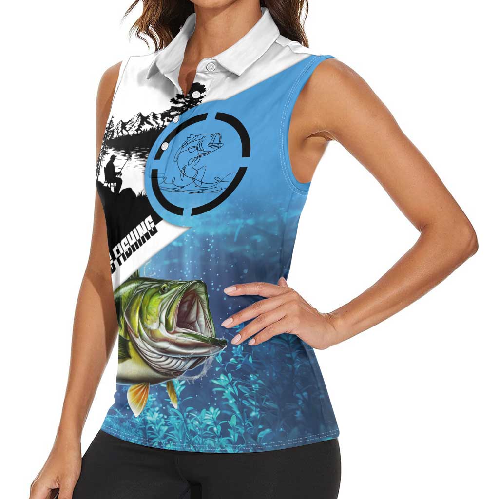 Largemouth Bass Fishing Underwater Graphic Women Sleeveless Polo Shirt Mountain Silhouette and Custom Name Design - Wonder Print Shop
