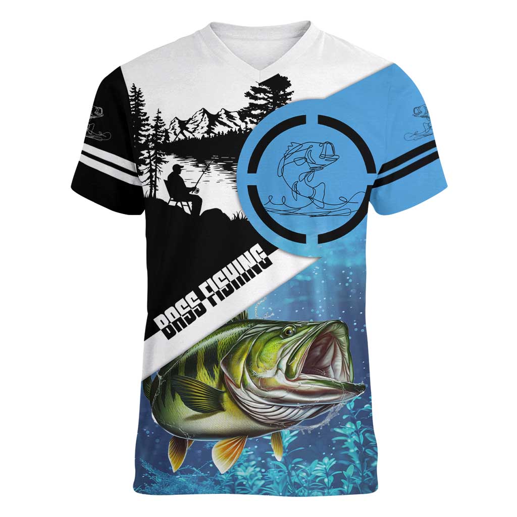 Largemouth Bass Fishing Underwater Graphic Women V-Neck T-Shirt Mountain Silhouette and Custom Name Design - Wonder Print Shop
