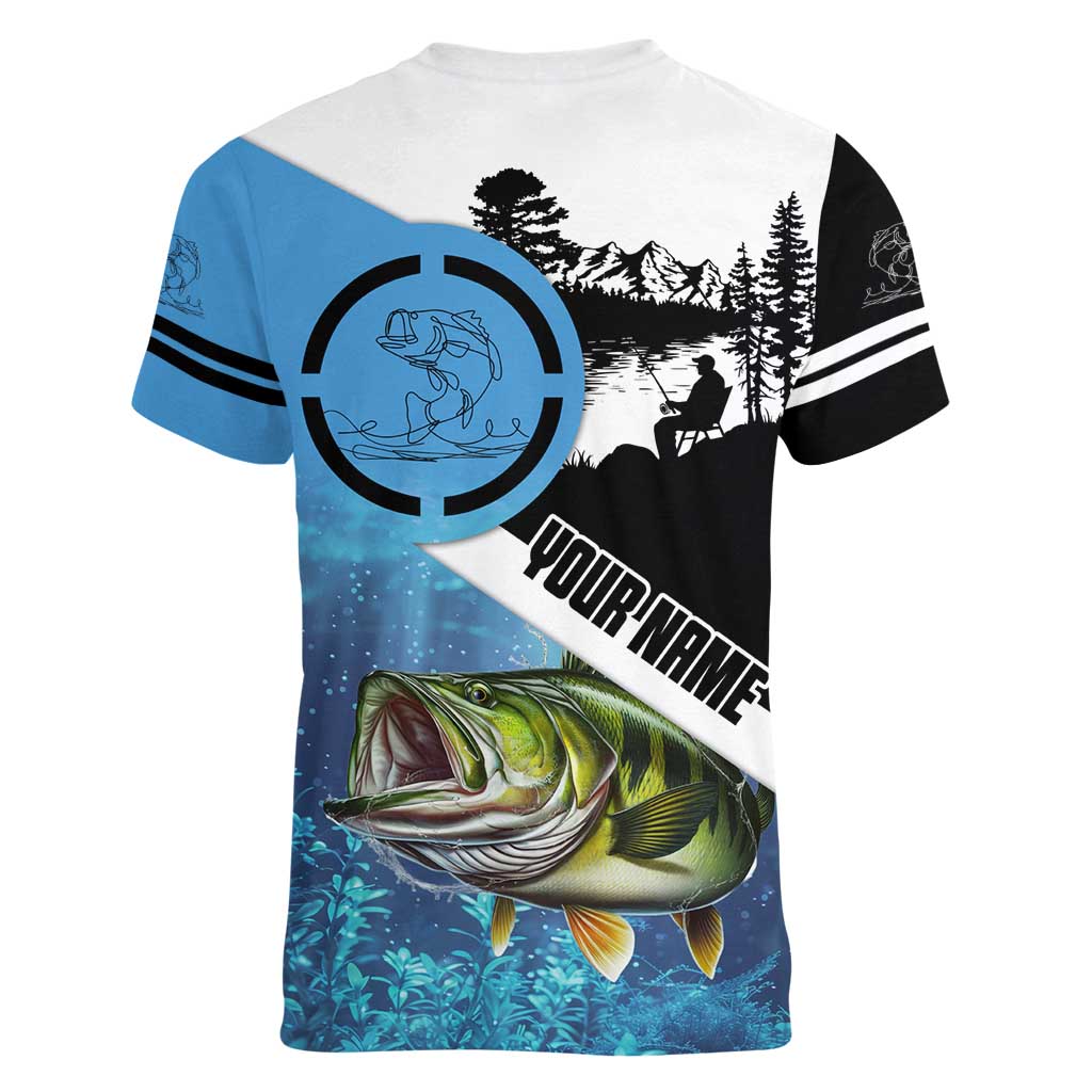 Largemouth Bass Fishing Underwater Graphic Women V-Neck T-Shirt Mountain Silhouette and Custom Name Design - Wonder Print Shop