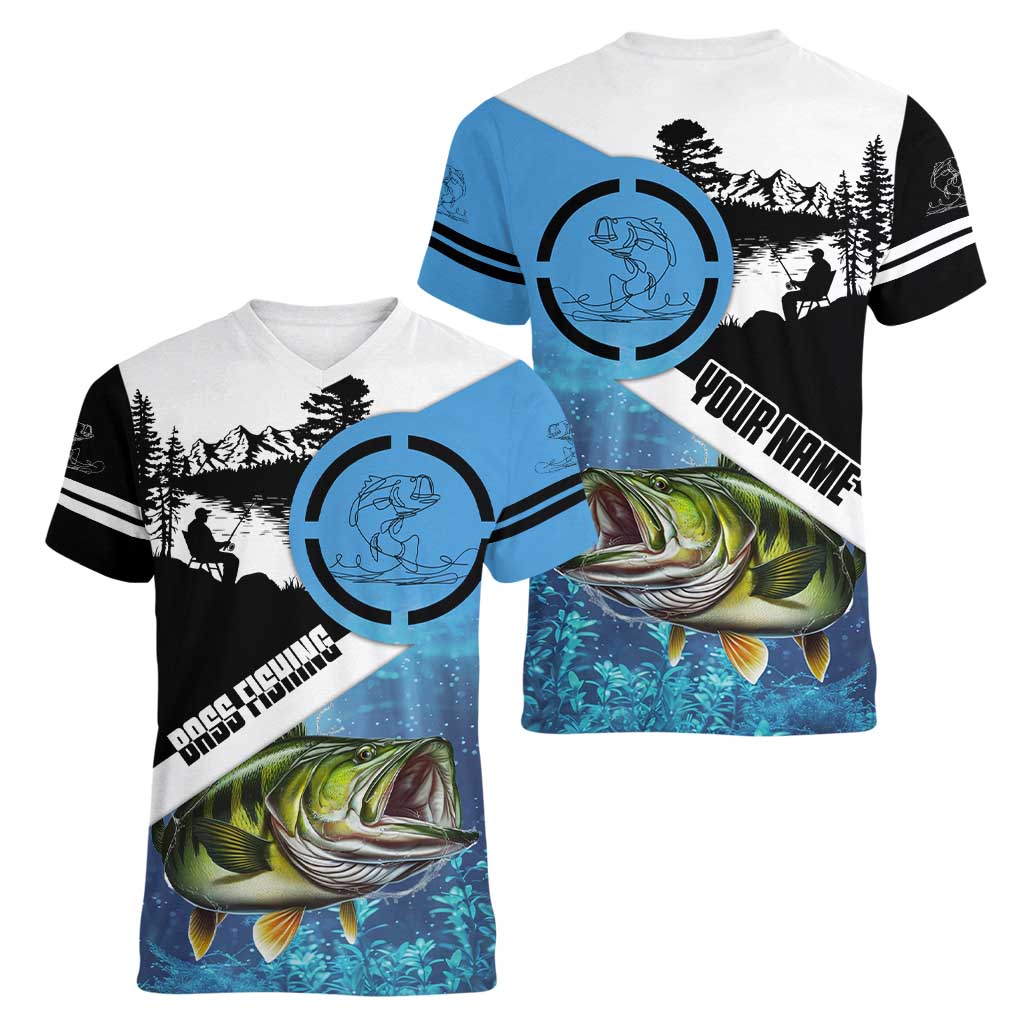 Largemouth Bass Fishing Underwater Graphic Women V-Neck T-Shirt Mountain Silhouette and Custom Name Design - Wonder Print Shop