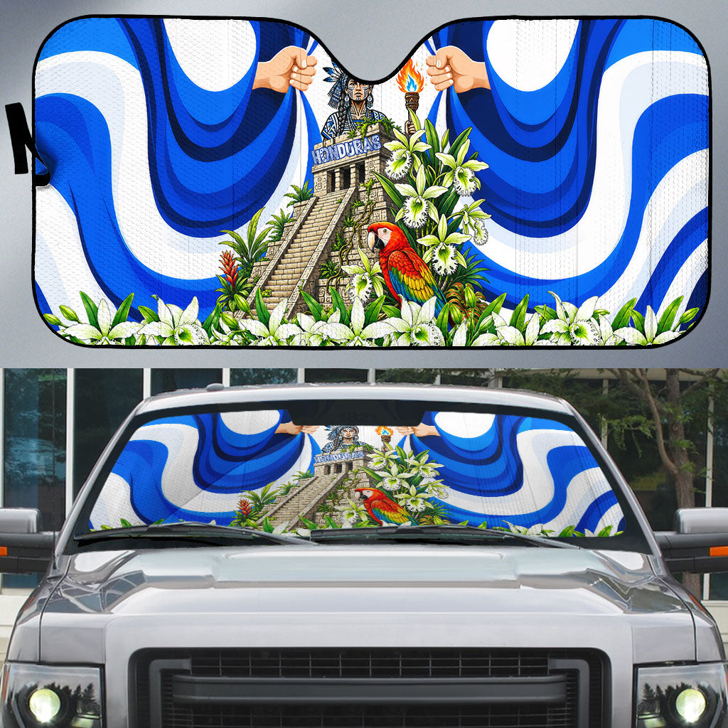 Honduras Independence Day Auto Sun Shade Mayan Temple White Orchid Patriotic