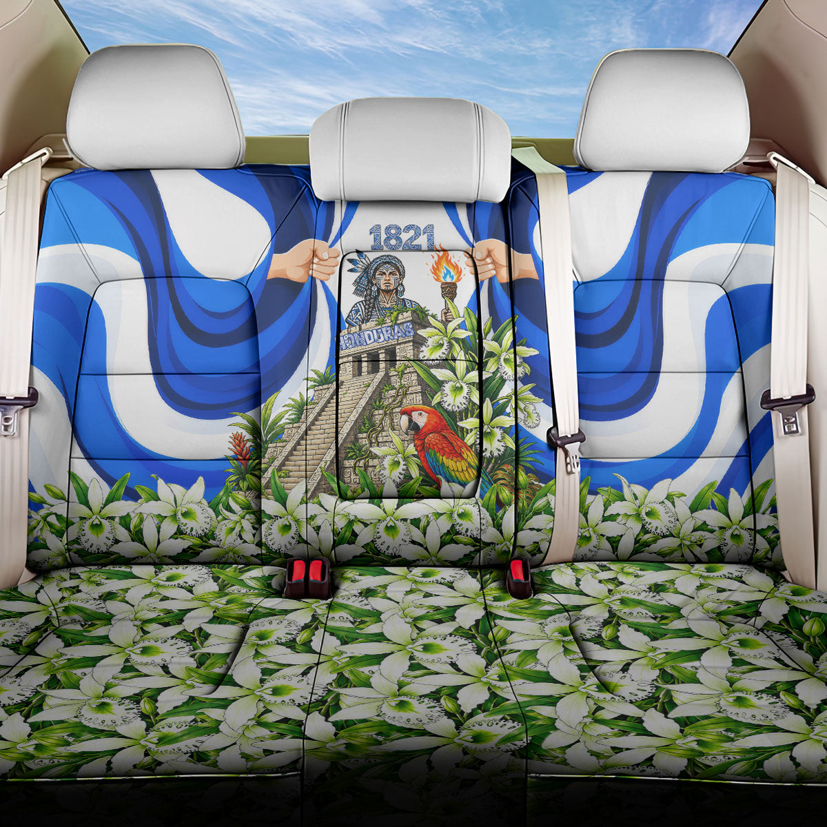 Honduras Independence Day Back Car Seat Cover Mayan Temple White Orchid Patriotic