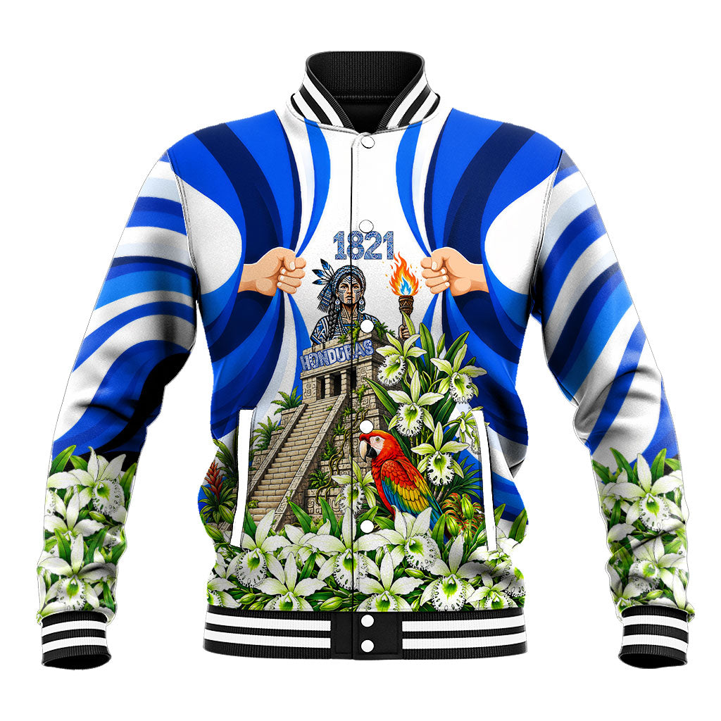 Honduras Independence Day Baseball Jacket Mayan Temple White Orchid Patriotic