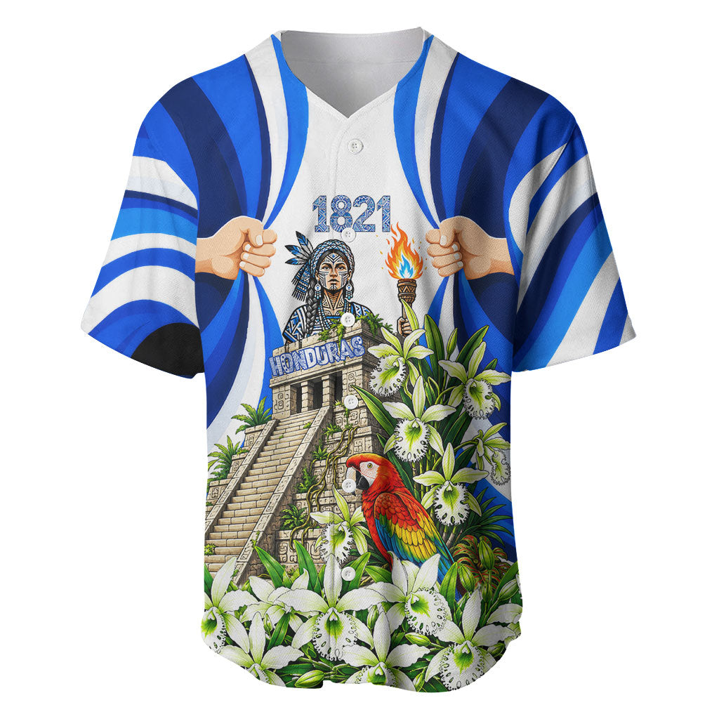 Honduras Independence Day Baseball Jersey Mayan Temple White Orchid Patriotic