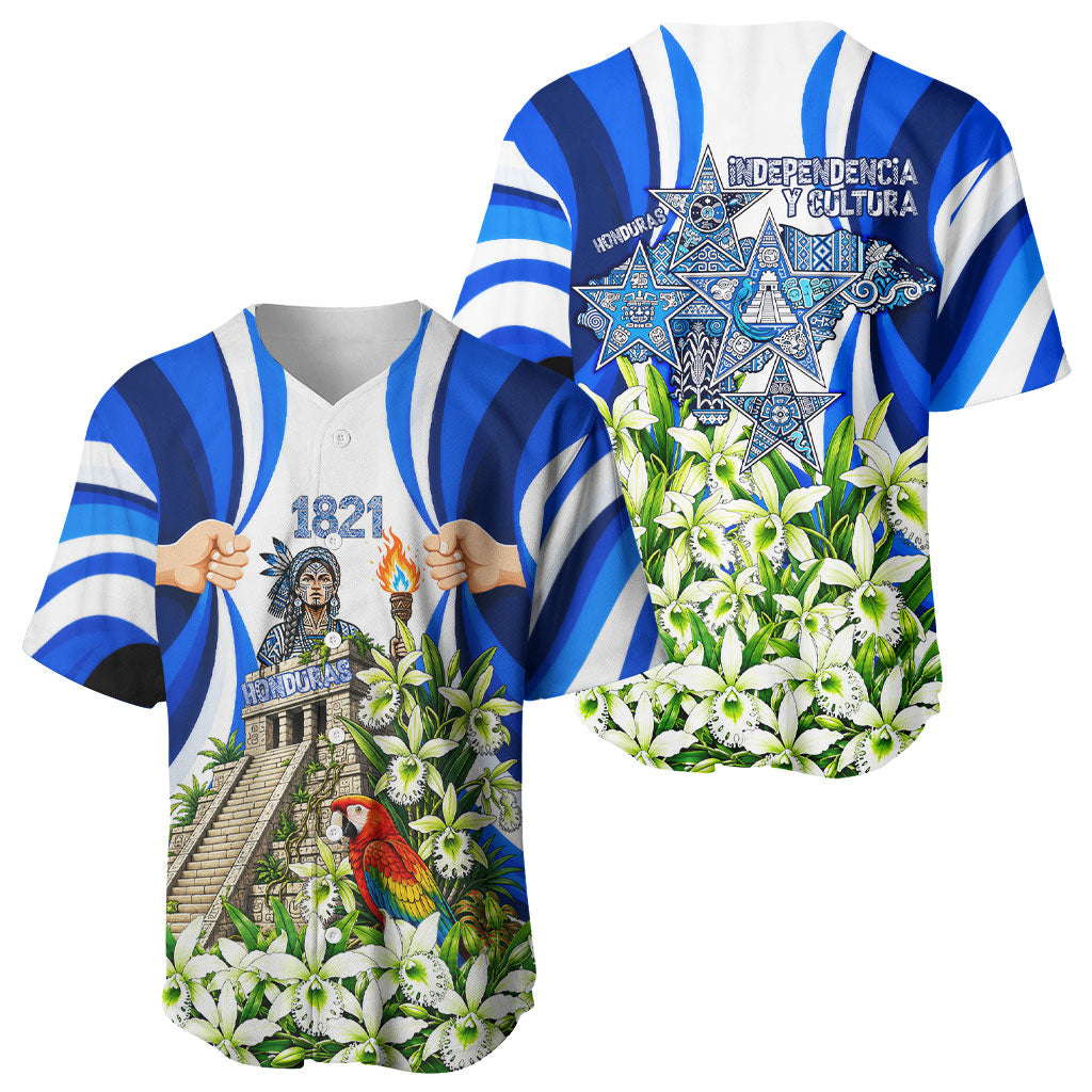Honduras Independence Day Baseball Jersey Mayan Temple White Orchid Patriotic