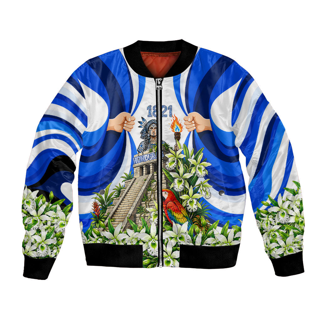 Honduras Independence Day Bomber Jacket Mayan Temple White Orchid Patriotic