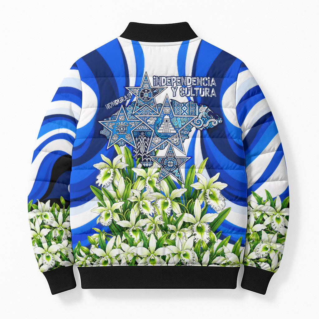 Honduras Independence Day Bomber Puffer Jacket Mayan Temple White Orchid Patriotic