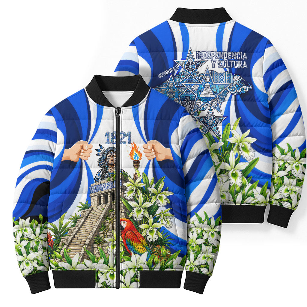 Honduras Independence Day Bomber Puffer Jacket Mayan Temple White Orchid Patriotic