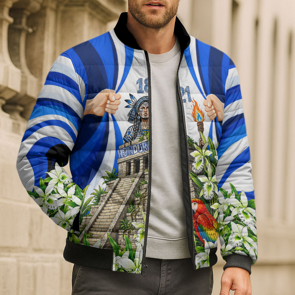 Honduras Independence Day Bomber Puffer Jacket Mayan Temple White Orchid Patriotic