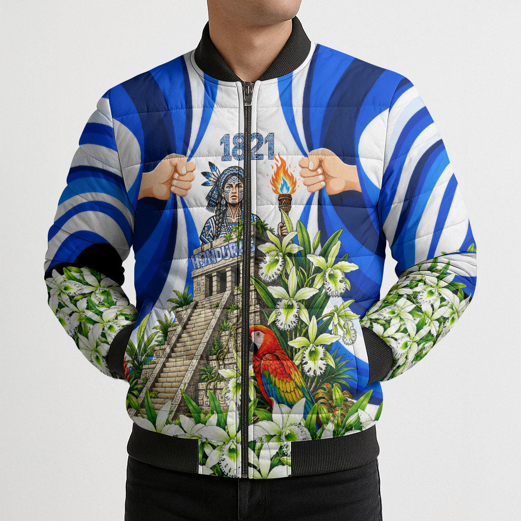Honduras Independence Day Bomber Puffer Jacket Mayan Temple White Orchid Patriotic