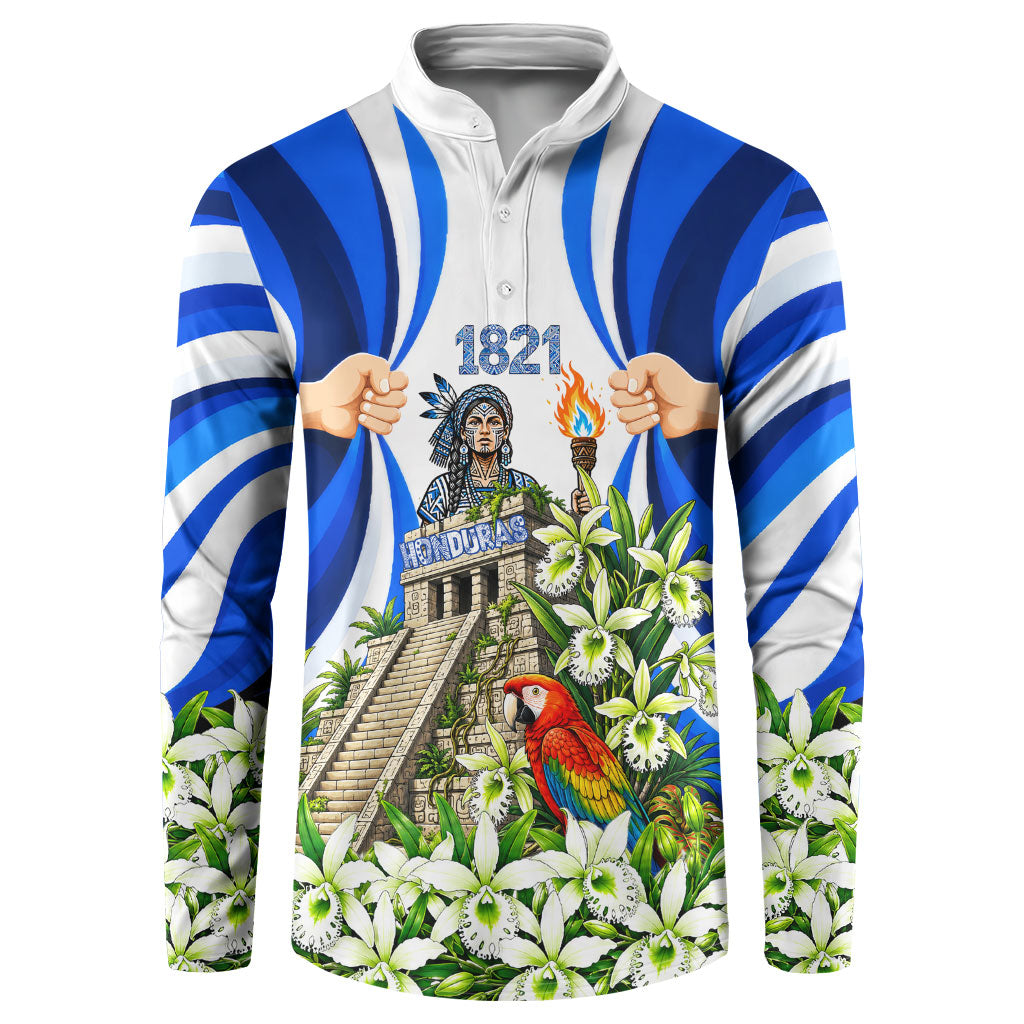 Honduras Independence Day Button Sweatshirt Mayan Temple White Orchid Patriotic