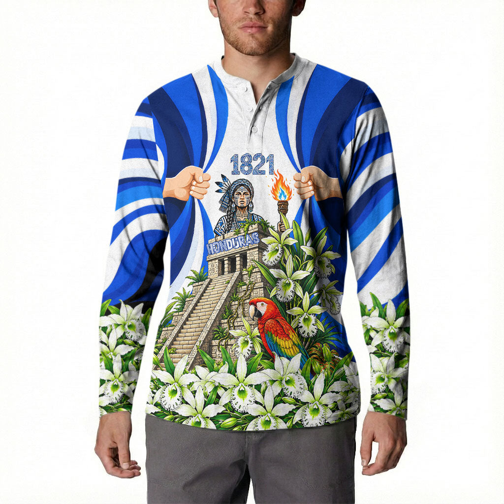 Honduras Independence Day Button Sweatshirt Mayan Temple White Orchid Patriotic