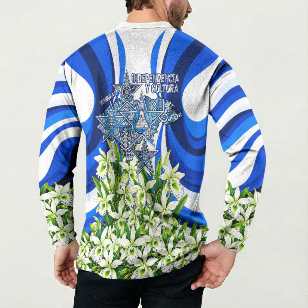 Honduras Independence Day Button Sweatshirt Mayan Temple White Orchid Patriotic