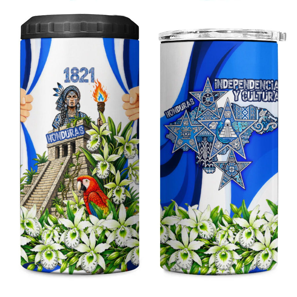Honduras Independence Day 4 in 1 Can Cooler Tumbler Mayan Temple White Orchid Patriotic