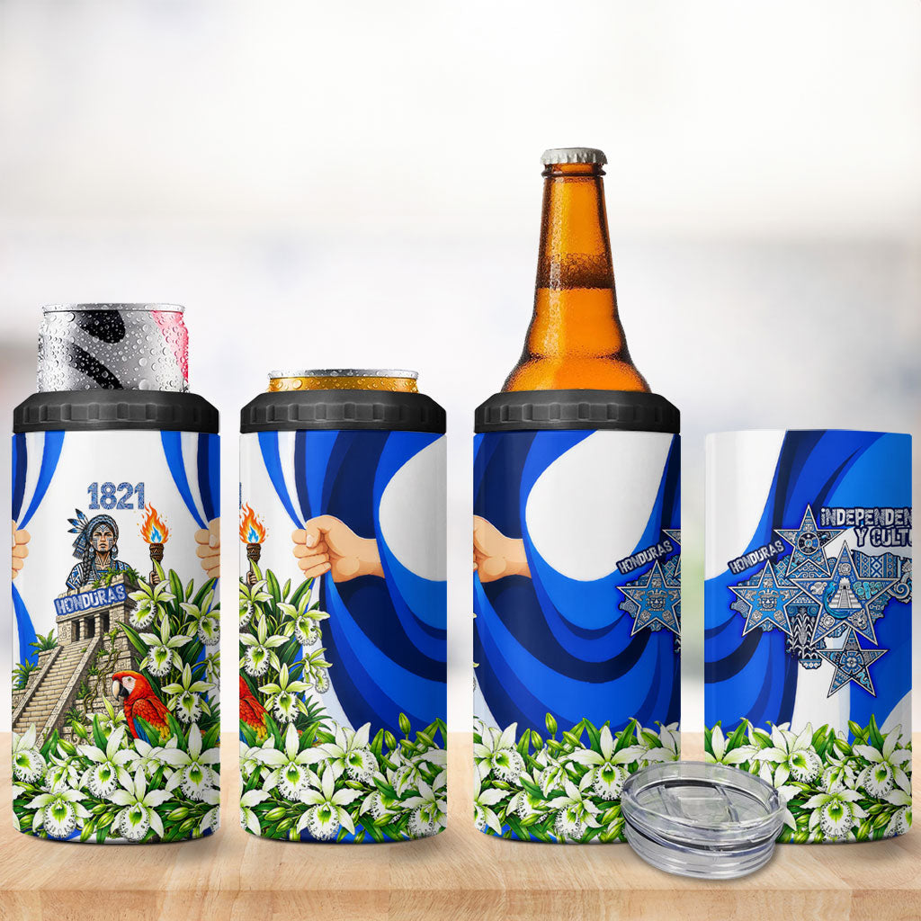 Honduras Independence Day 4 in 1 Can Cooler Tumbler Mayan Temple White Orchid Patriotic
