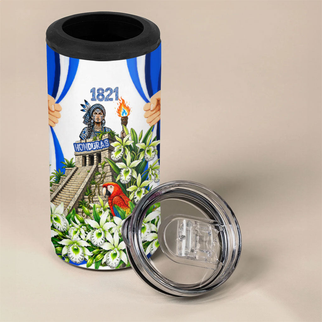 Honduras Independence Day 4 in 1 Can Cooler Tumbler Mayan Temple White Orchid Patriotic